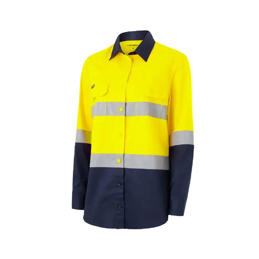 KingGee Women's Hi Vis Vented Spliced Long Sleeve Work Shirt K44221 in Yellow/Navy