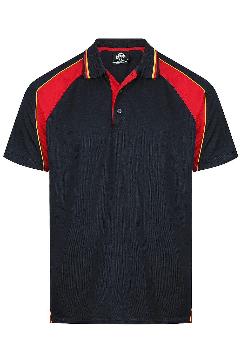 Aussie Pacific Panorama Men's Polo Shirt 1309 in Navy/Red/Gold, front view