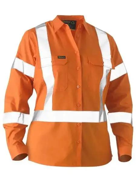 Bisley Workwear Long Sleeve Women's X Taped Hi Vis Recycled Drill Shirt BL6266XT in Orange