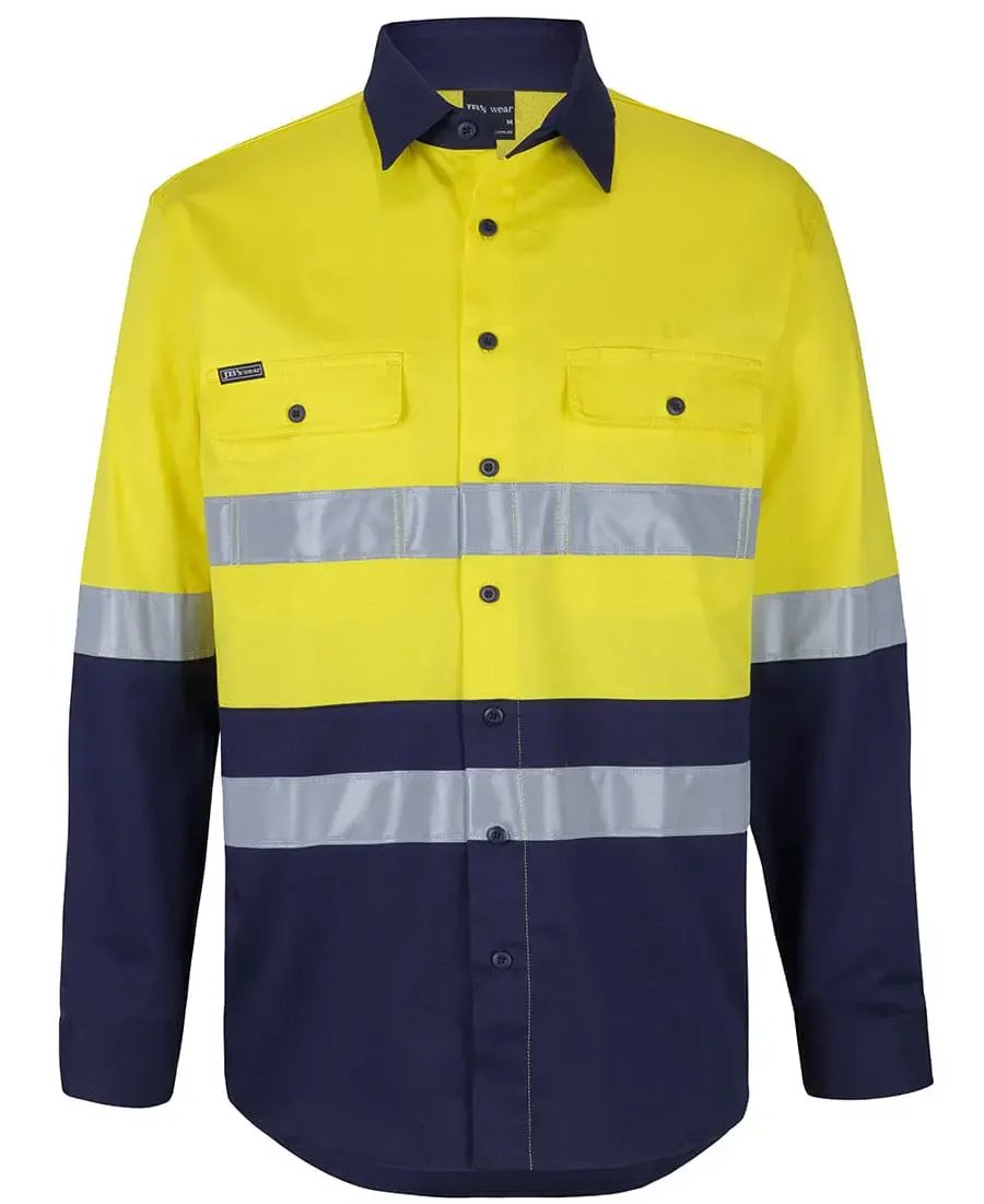 Hi Vis (D+n) Long Sleeve Stretch Work Shirt With Tape 6DSWL in Yellow/Navy (UPF 50+)