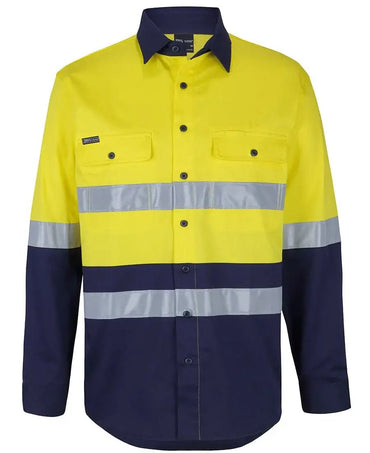 Hi Vis (D+n) Long Sleeve Stretch Work Shirt With Tape 6DSWL in Yellow/Navy (UPF 50+)