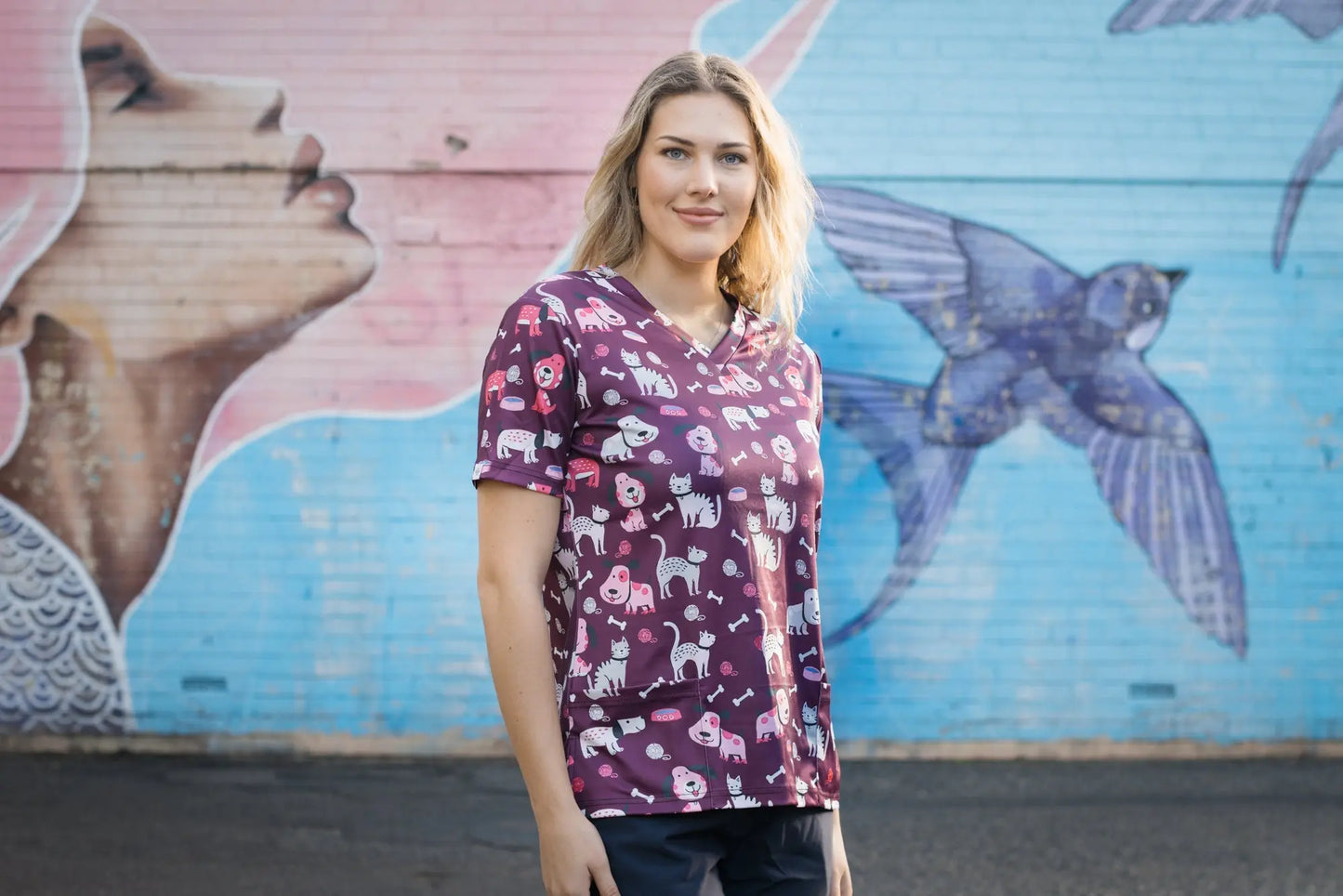 Softies Women's Purple Dog Slim Fit Fun Scrub Top PDOT01 Softies