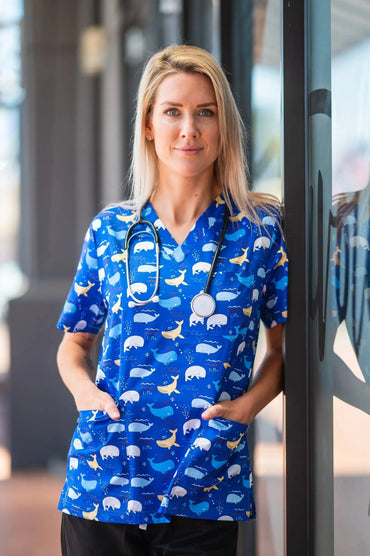 Softies Oxford Blue Whales Scrub Top BWT01