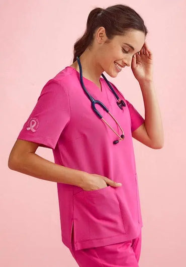 BizCare Women's V-Neck Pink Scrub Top CST245LS Biz Care