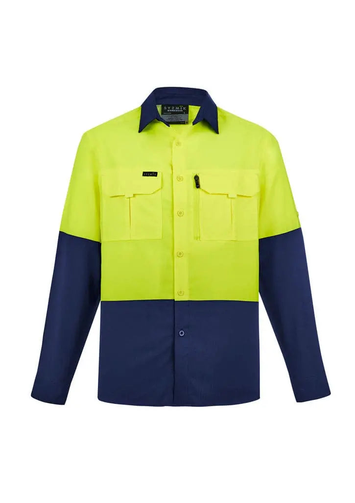 SYZMIK mens hi vis outdoor long sleeve shirt ZW468 Work Wear Syzmik Yellow/Navy XXS