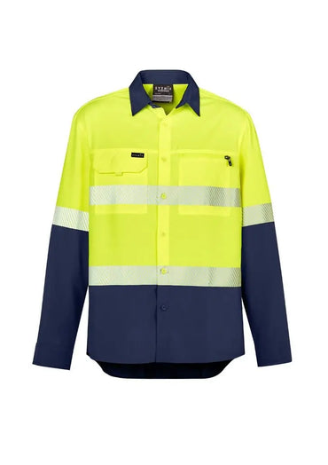 Mens Hi Vis Outdoor Segmented Tape L/S Shirt ZW470 Work Wear Syzmik Yellow/Navy XXS