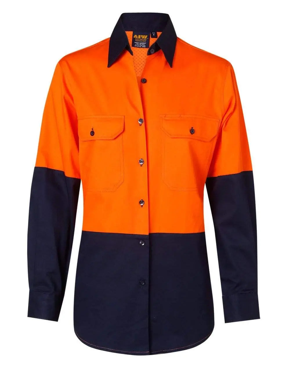 Women's Long Sleeve Safety Shirt SW64 Work Wear Australian Industrial Wear 8 Fluoro Orange/Navy