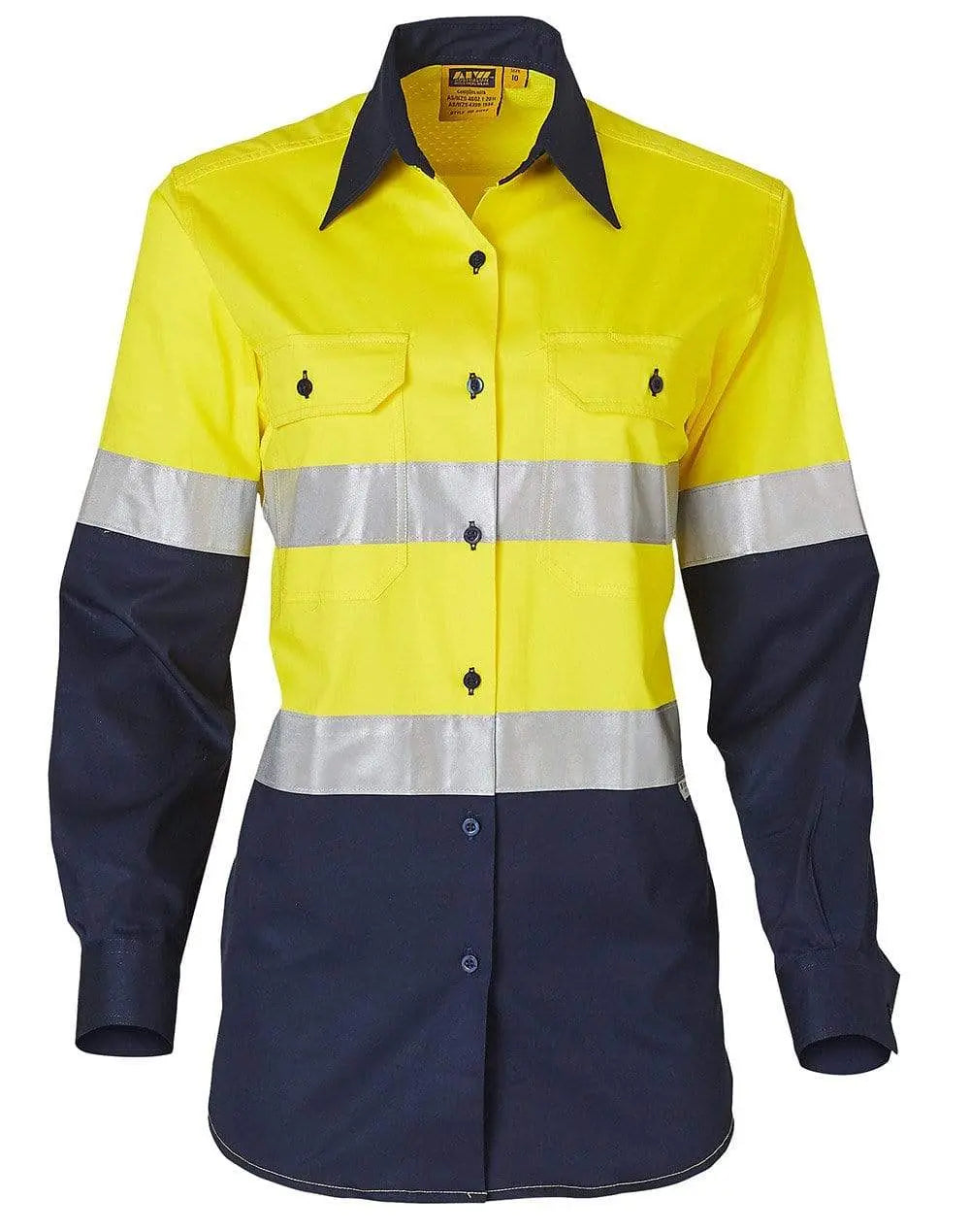 Women's Long Sleeve Safety Shirt SW64 Work Wear Australian Industrial Wear 8 Fluoro Yellow/Navy