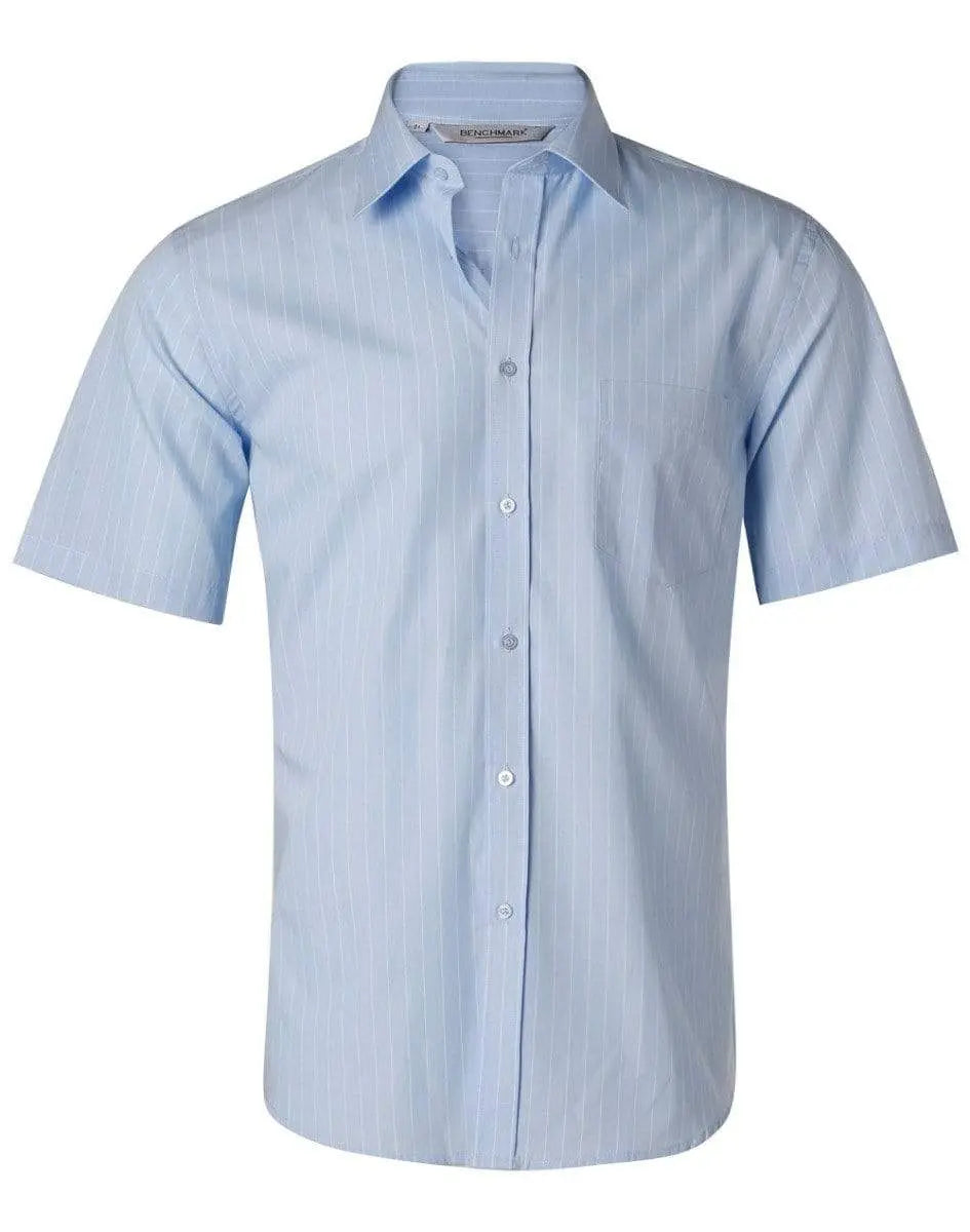 BENCHMARK Men's Pin Stripe Short Sleeve Shirt M7221 Corporate Wear Benchmark Blue Chambray/White 38