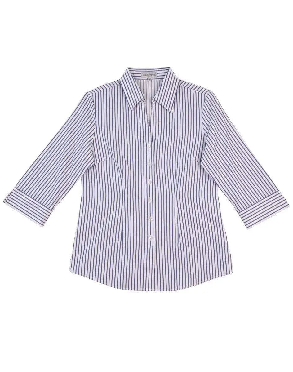 BENCHMARK Women's Executive Sateen Stripe 3/4 Sleeve Shirt M8310Q Corporate Wear Benchmark White/Cobalt 12