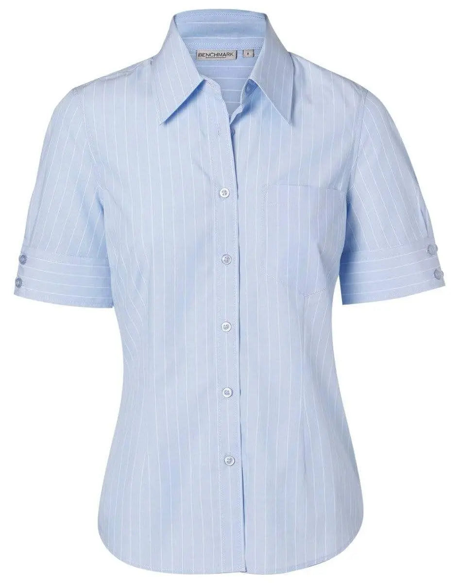 BENCHMARK Women's Pin Stripe Short Sleeve Shirt M8224 Corporate Wear Benchmark Blue Chambray/White 6