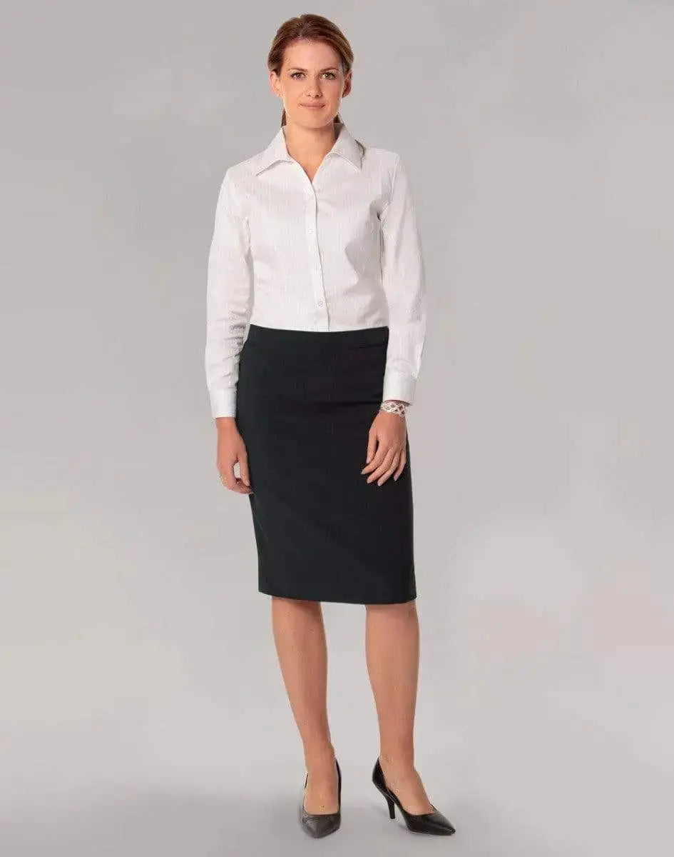 BENCHMARK Women's Poly/Viscose Stretch Stripe Mid Length Lined Pencil Skirt M9472 Metro Workwear.