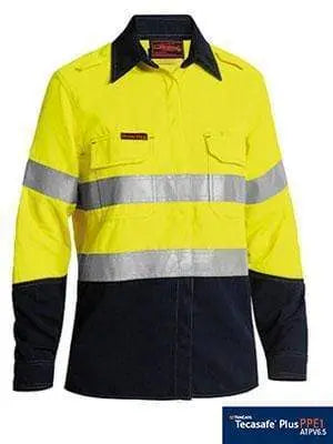 Bisley Workwear Work Wear YELLOW/NAVY (TT01) / 8 BISLEY WORKWEAR WOMENS TENCATE TECASAFE® PLUS 580 TAPED HI VIS LIGHTWEIGHT FR VENTED SHIRT - LONG SLEEVE BL8098T