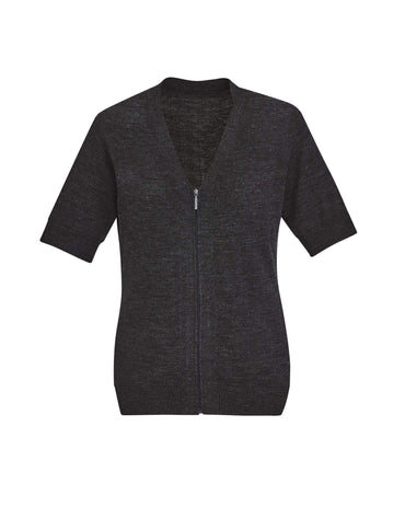 Biz Care Women's Zip Front Short Sleeve Cardigan Knit CK962LC in Charcoal