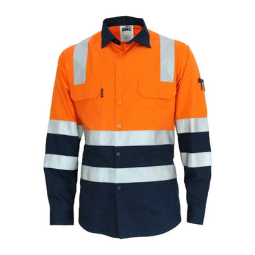 DNC Workwear Work Wear Orange/Navy / 6XL DNC WORKWEAR Hi-Vis 2-Tone Lightweight Long Sleeve Cotton Bio-Motion & X Back Shirt with CSR Reflective Tape 3547
