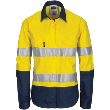 DNC Workwear Work Wear Yellow/Navy / 6 DNC WORKWEAR Women’s Hi-Vis 3 Way Cool-Breeze Long Sleeve Cotton Shirt with Gusset Sleeve, 3M Reflective Tape 3749