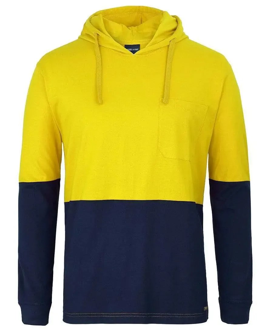 Jb's Hivis Long Sleeve Cotton Tee With Hood 6HCTL in Yellow/Navy