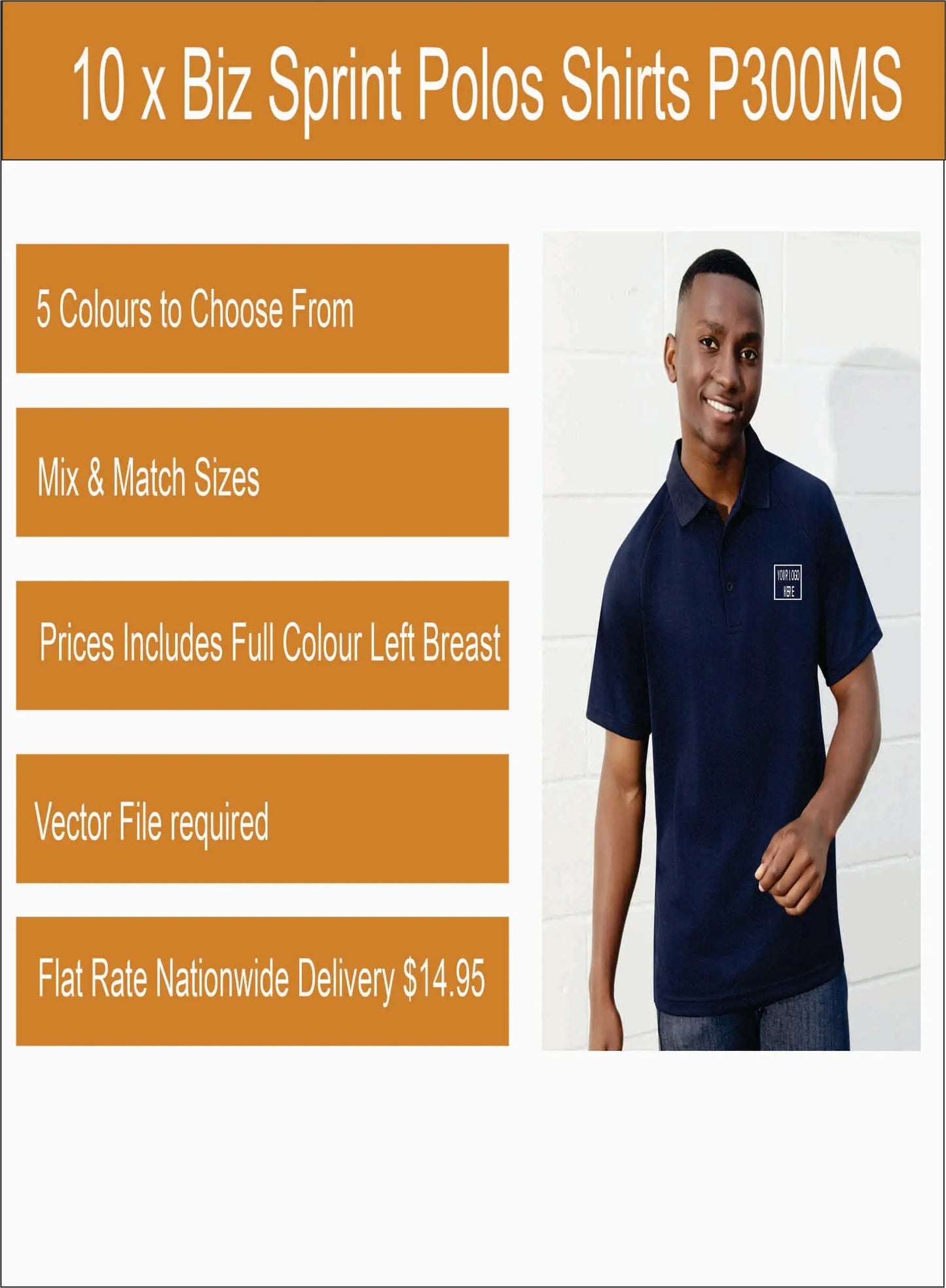 10 x Biz Printed Sprint Polos Shirts P300MS Printed Packs