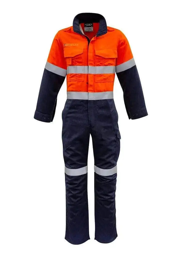 SYZMIK men's orange flame hrc-2 hoop taped spliced overall ZC525 Metro Workwear.