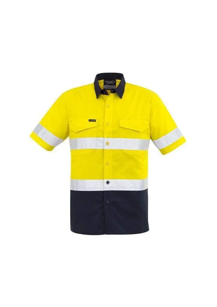 SYZMIK Men’s Rugged Cooling Taped Hi-Vis Spliced S/S Shirt ZW835 Work Wear Syzmik Yellow/Navy XXS