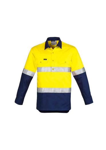 SYZMIK mens hi vis closed front l/s shirt - hoop taped zw550 Work Wear Syzmik Yellow/Navy 7XL