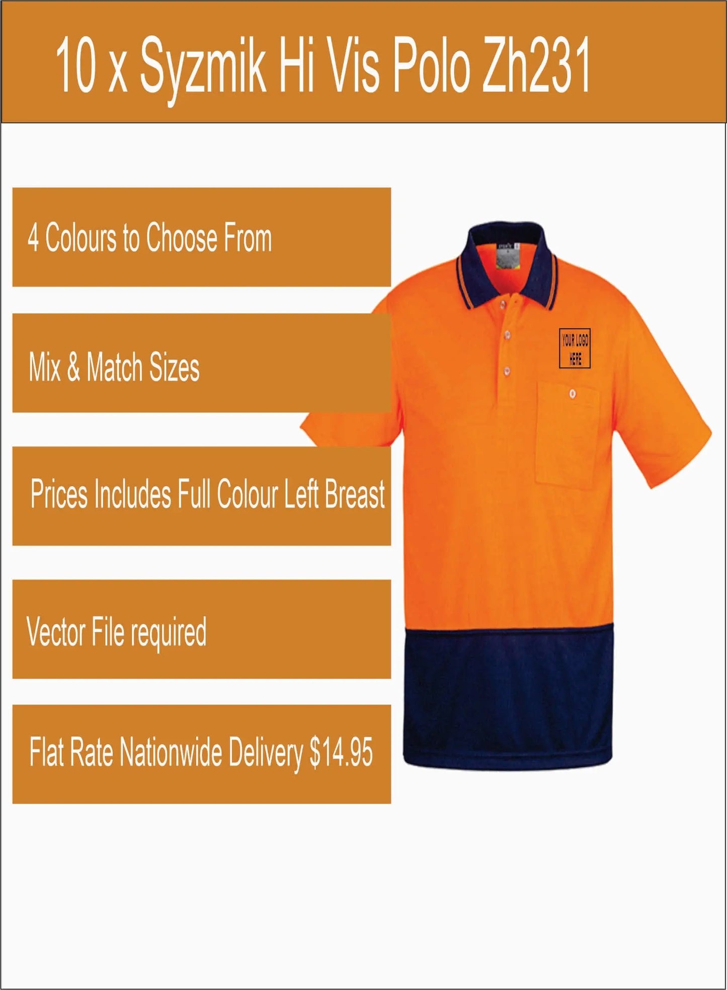 10 x Syzmik Printed Hi Vis Polo ZH231 Printed Packs