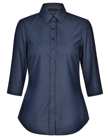 Ladies Dot Jacquard Stretch 3/4 Sleeve Ascot Shirt M8400Q Casual Wear Winning Spirit Navy XS