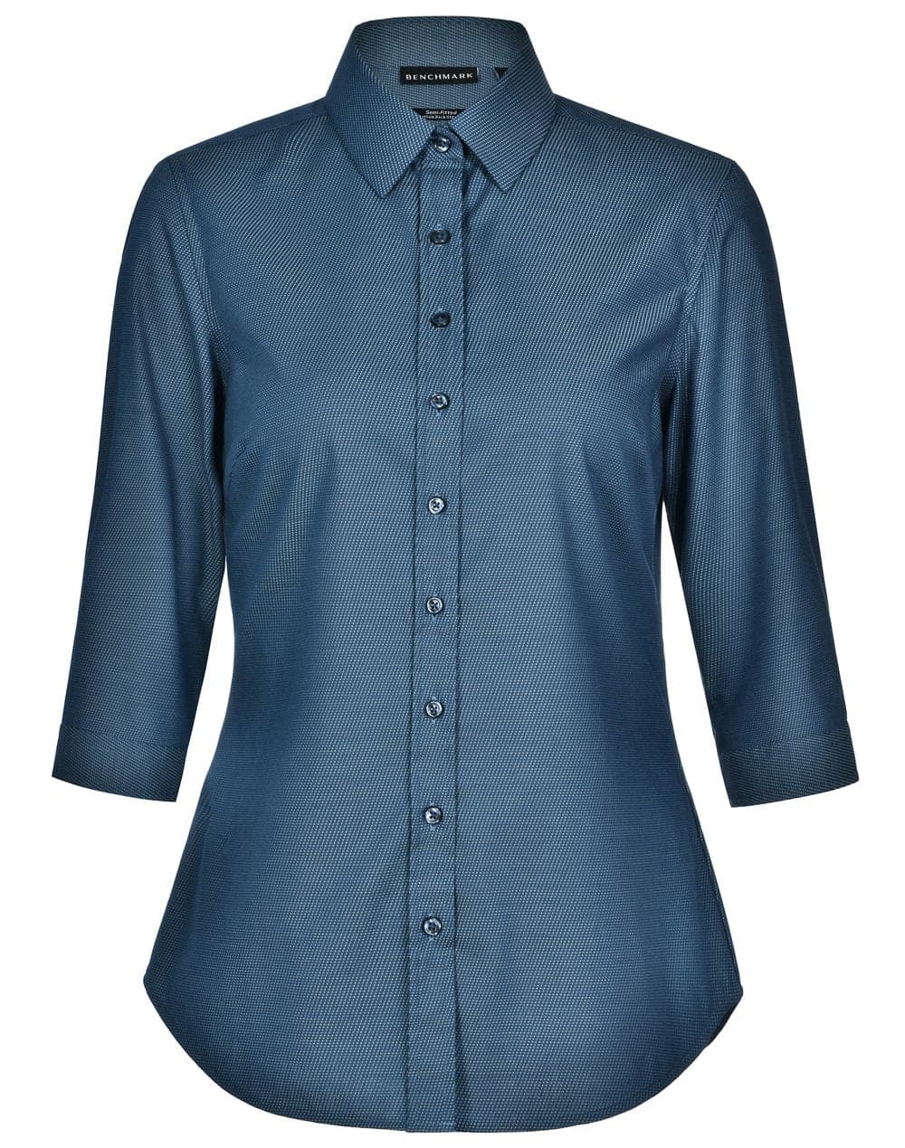 Ladies Dot Jacquard Stretch 3/4 Sleeve Ascot Shirt M8400Q Casual Wear Winning Spirit Ocean Blue XS