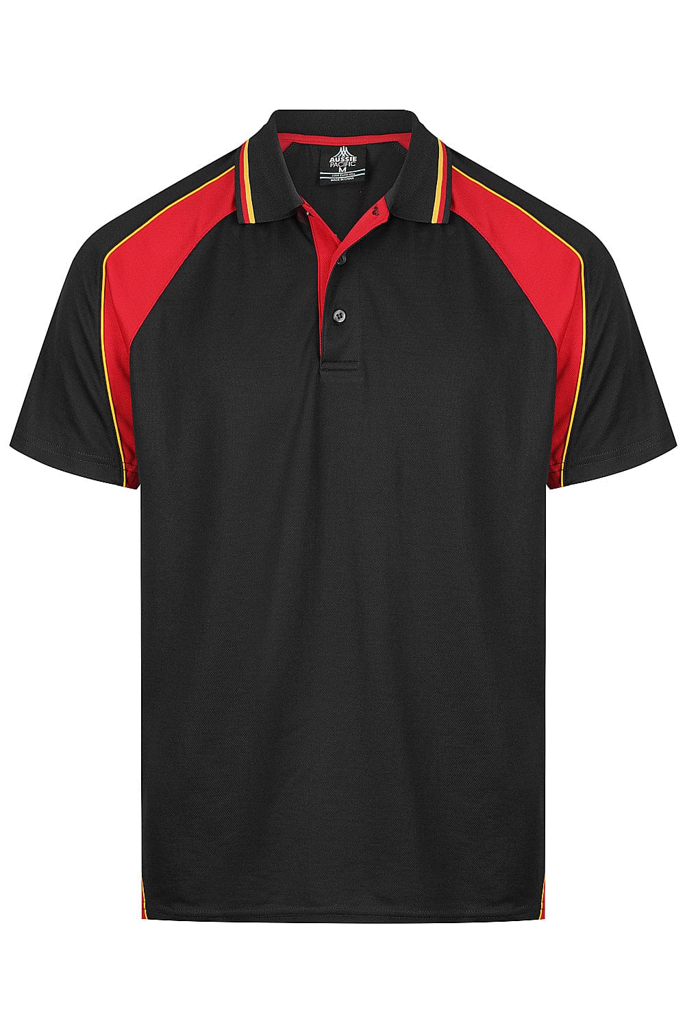 Aussie Pacific Panorama Men's Polo Shirt 1309 in Black/Red/Gold, front view