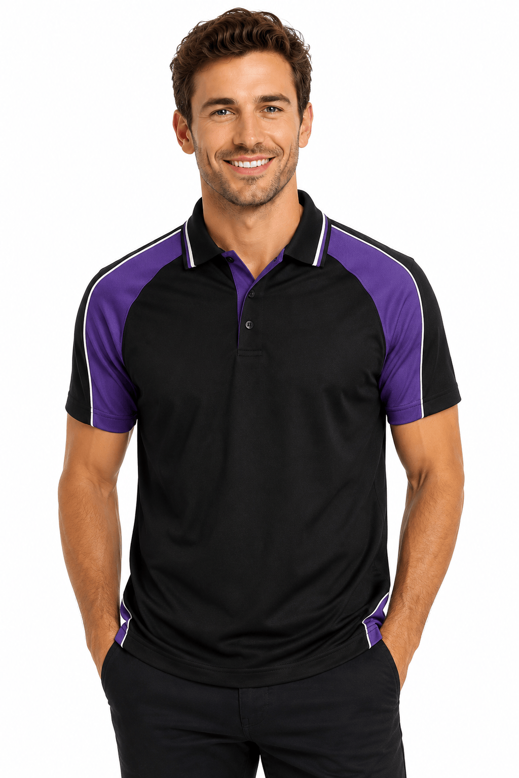 Aussie Pacific Panorama Men's Polo Shirt 1309 in Black/Electric Purple/White worn by a model