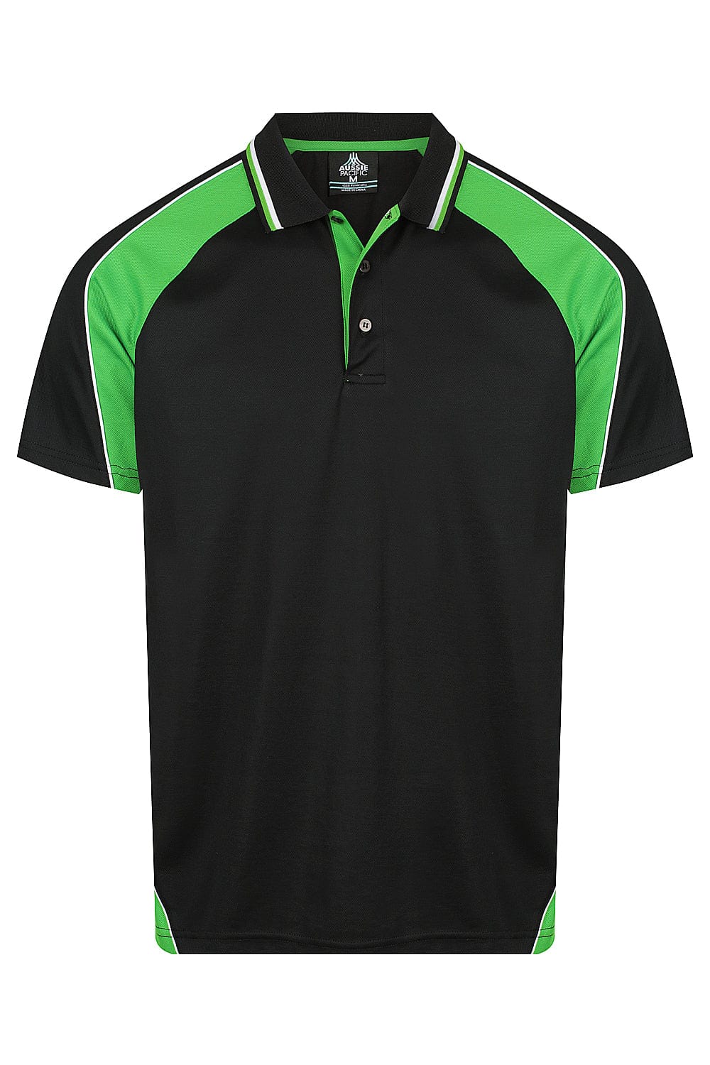 Aussie Pacific Panorama Men's Polo Shirt 1309 in Black/Kawa Green/White, front view