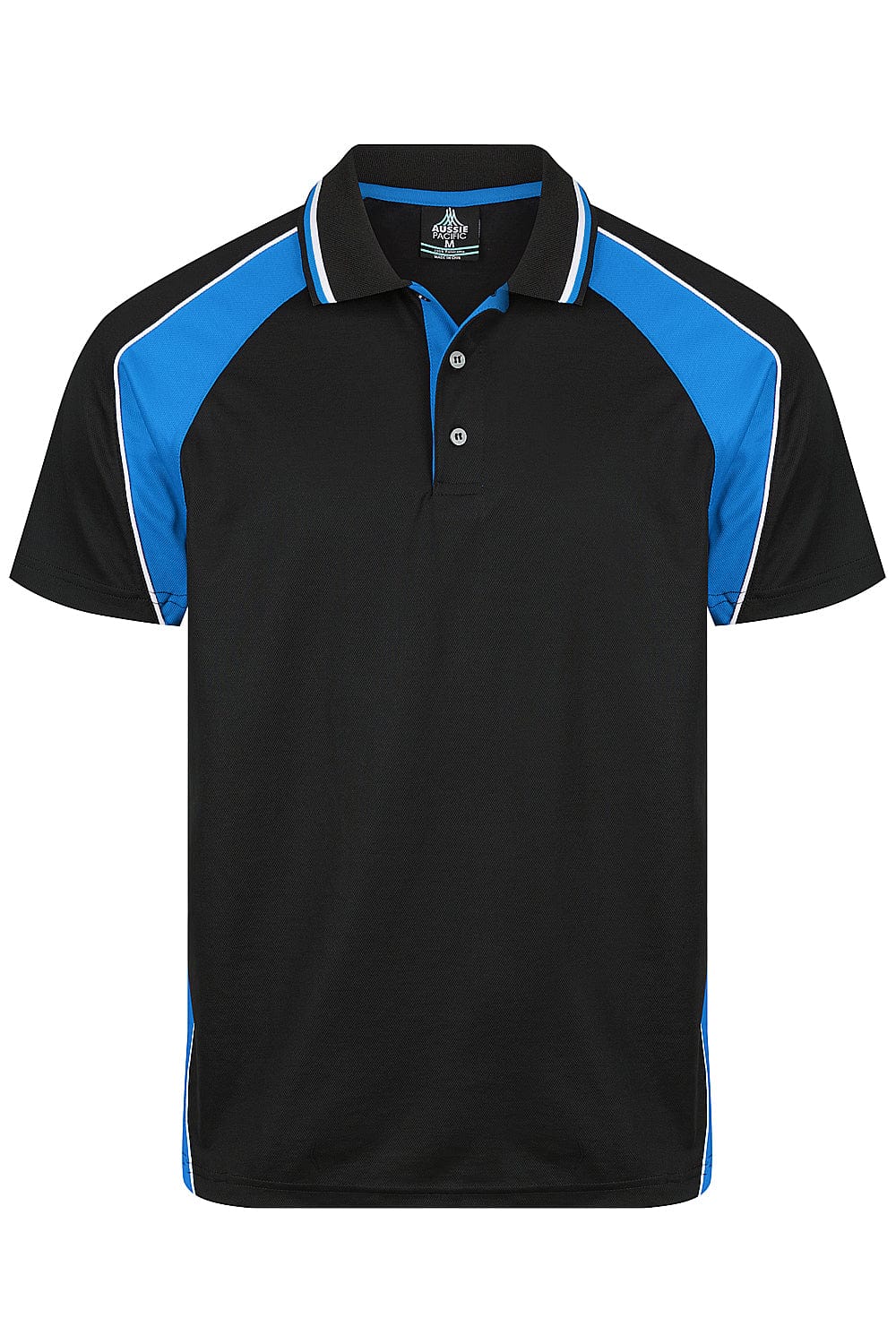 Aussie Pacific Panorama Men's Polo Shirt 1309 in Black/Electric Royal/White, front view