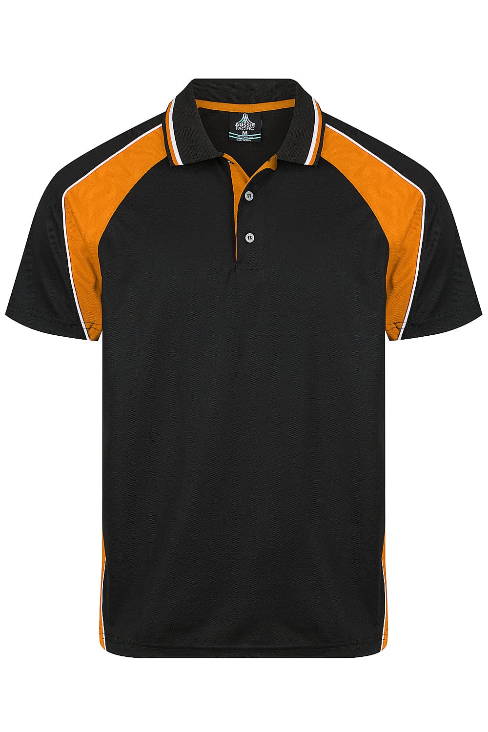 Aussie Pacific Panorama Men's Polo Shirt 1309 in Black/Electric Orange/White, front view