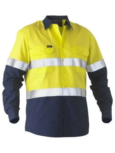 Bisley Workwear Taped Two Tone Hi Vis Recycled Drill Shirt BS6996T in Yellow/Navy