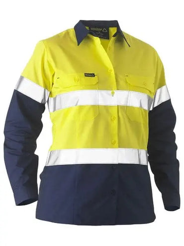 Bisley Workwear Women's Taped Two Tone Hi Vis Recycled Drill Shirt BL6996T in Yellow/Navy