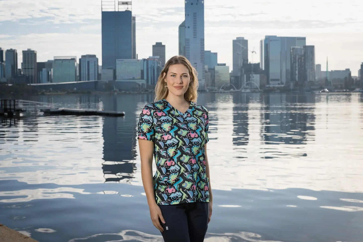 Softies Women's Dino Party Slim Fit Fun Scrub Top DPOT01  Simply Scrubs Australia