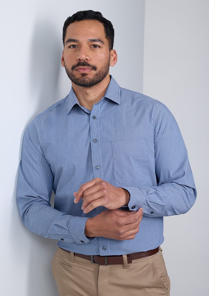 Biz Collection Men’s Fitzroy Classic Fit Long Sleeve Shirt S624M in French Blue/White Stripe worn by model