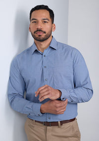 Biz Collection Men’s Fitzroy Classic Fit Long Sleeve Shirt S624M in French Blue/White Stripe worn by model
