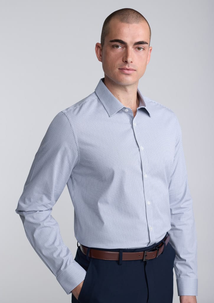 Biz Collection Men’s Fitzroy Slim Fit Long Sleeve Shirt S625M in White/Navy Check worn by model
