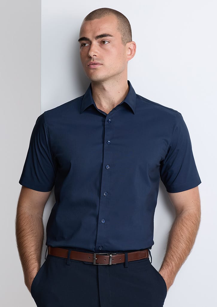 Biz Collection Men’s Fitzroy Classic Fit Short Sleeve Shirt S635M in Navy worn by model