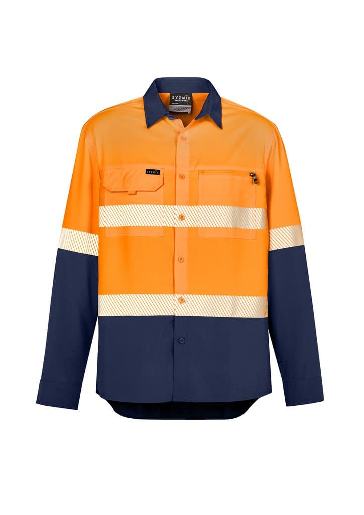 Mens Hi Vis Outdoor Segmented Tape L/S Shirt ZW470 Work Wear Syzmik Orange/Navy XXS 