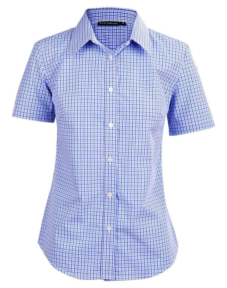 BENCHMARK Ladies’ Two Tone Gingham Short Sleeve Shirt M8320S Corporate Wear Benchmark Navy/White/Skyblue 6 