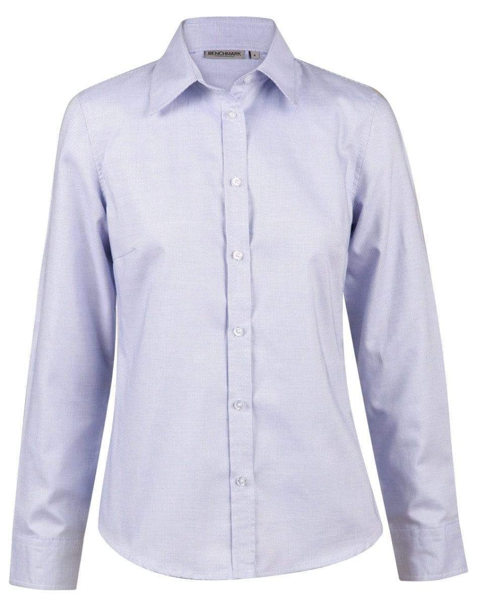 BENCHMARK Laides’ Dot Contrast Long Sleeve Shirt- white blue dot M8922 Corporate Wear Benchmark 6  