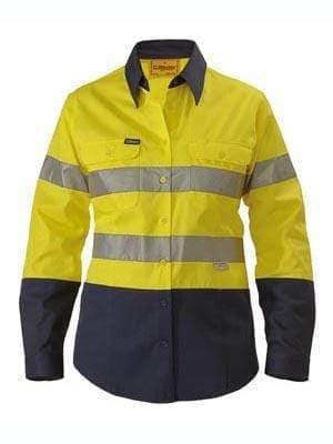 Bisley Workwear Work Wear YELLOW/NAVY (TT01) / 8 BISLEY WORKWEAR WOMENS 3M TAPED HI VIS DRILL SHIRT LONG SLEEVE BLT6456