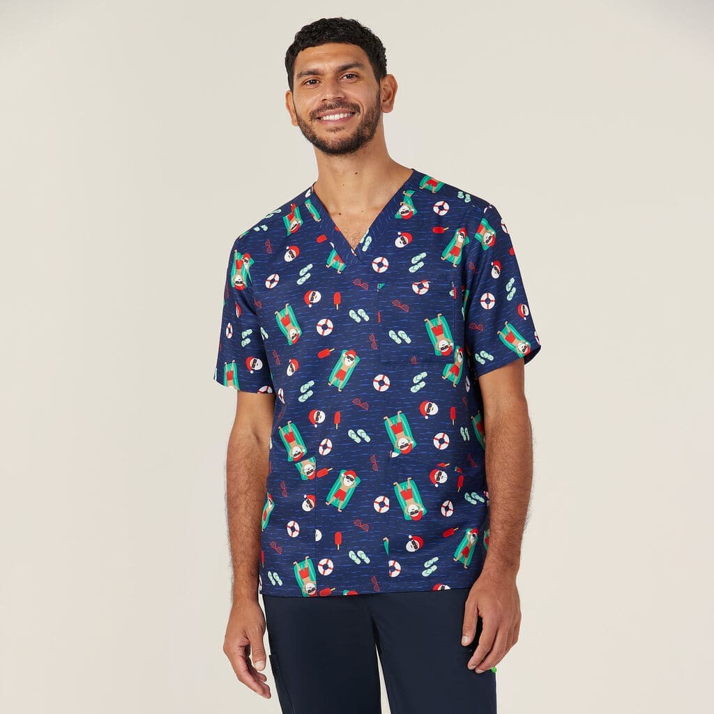 Unisex Christmas Santa Pool Party Scrub Top CATRGK