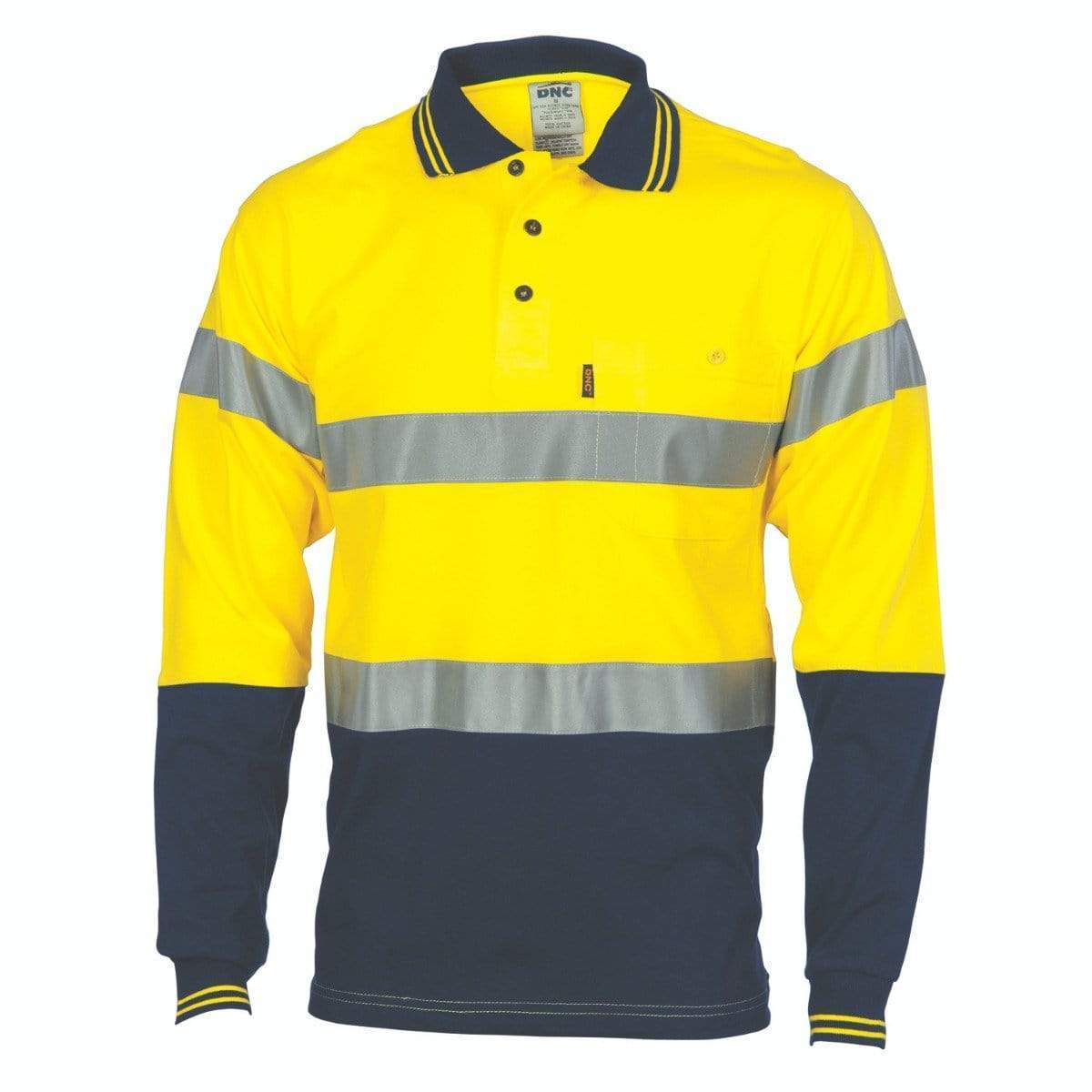 DNC Workwear Work Wear Yellow/Navy / S DNC WORKWEAR Hi-Vis Cool-Breeze Cotton Long Sleeve Jersey Polo with CSR Reflective Tape 3916