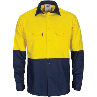 DNC Workwear Work Wear Yellow/Navy / XS DNC WORKWEAR Hi-Vis L/W Cool-Breeze T2 Vertical Vented Long Sleeve Cotton Shirt with Gusset Sleeves  3733