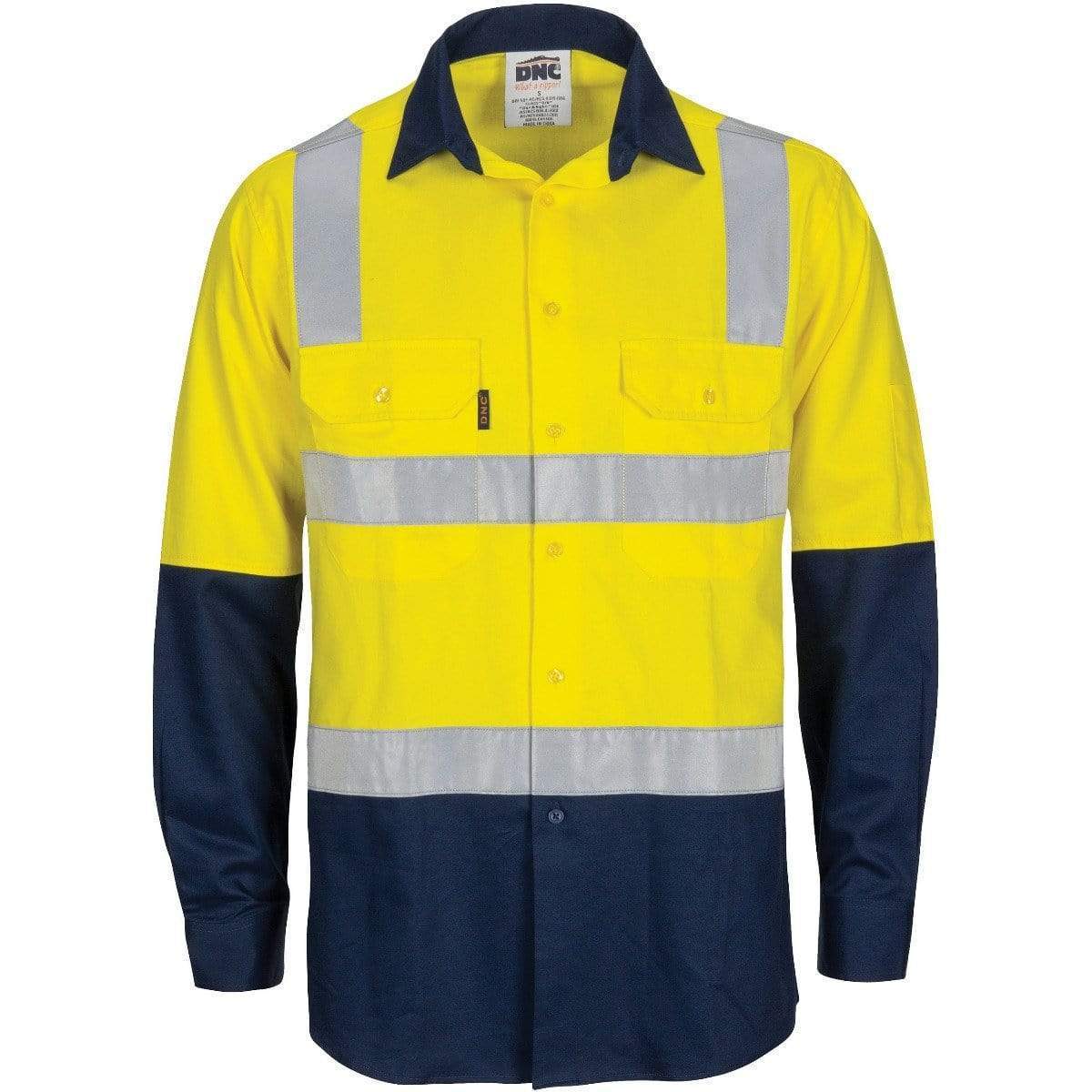 DNC Workwear Work Wear Yellow/Navy / XS DNC WORKWEAR Hi-Vis Two-Tone Cool-Breeze Long Sleeve Cotton Shirt with Hoop & Shoulder CSR Reflective Tape 3747