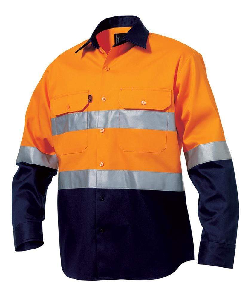 KingGee Work Wear Orange/Navy / S KingGee Hi-Vis Reflective Spliced Drill Shirt L/S Gusset Cuff K5431G