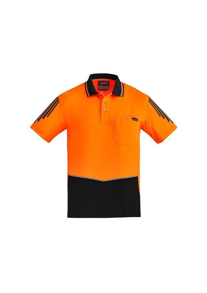 SYZMIK mens hi vis flux s/s polo zh315 Work Wear Syzmik Black/Orange XXS 